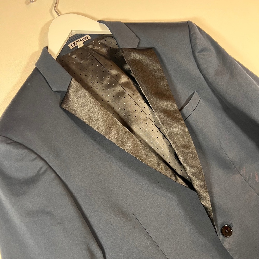 Express Tuxedo Blazer Mens 40 Regular Navy Blue Satin Peak Lapel Formal Y2K